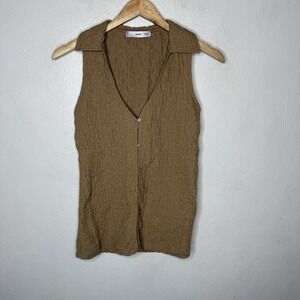 Mango Textured Tan Sleeveless Polo Neck‎ Gilet Vest V-neck Top Minimal Womens XS
